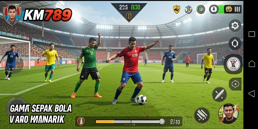 Tangkapan layar menunjukkan gameplay sepak bola yang intens dan grafis keren.