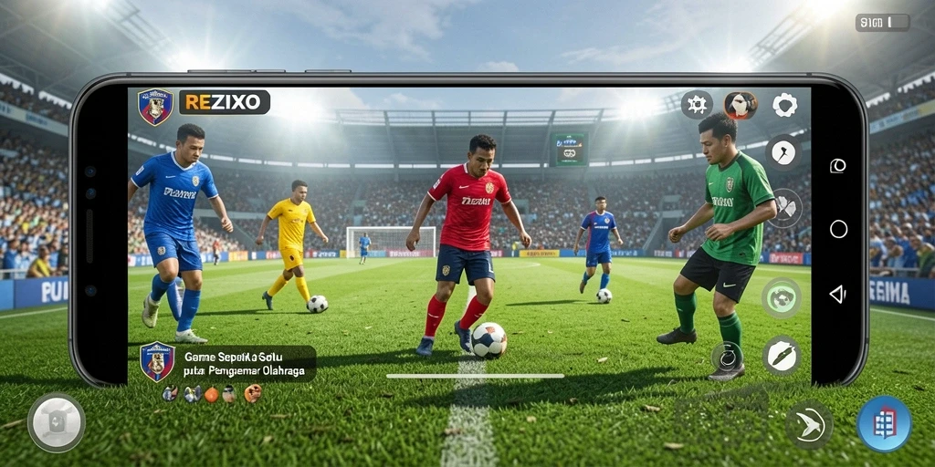 Screenshot utama REZIXO menampilkan momen seru di lapangan sepak bola.